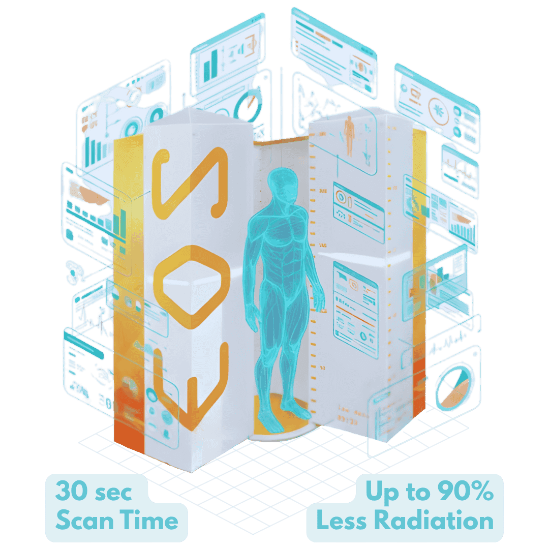 EOS scanner showing full skeletal body scan of standing patient